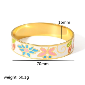 Detail view of colorful floral enamel bangle with 16mm width and 70mm diameter size specs