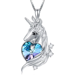 Detail of silver unicorn pendant with heart-shaped blue-purple crystal and diamonds