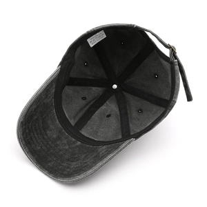 Internal view of charcoal grey washed cotton baseball cap with sweatband and stitching