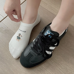 White low-cut invisible cotton socks with cute cartoon dog embroidery and text