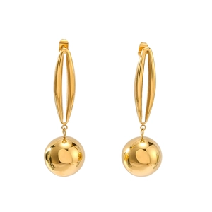 Polished gold double-layered earrings with oval hollow tops and round ball pendants