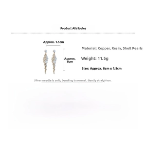 Detailed size specifications for pearl tassel earrings with silver pins and copper base