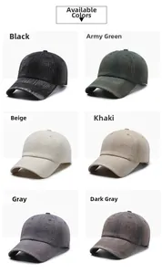 Detailed grid of washed vintage baseball caps in six colors including black and khaki