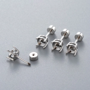 Titanium steel screw-back ear stud settings with four-prong zircon base mounts
