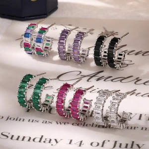 S925 sterling silver hoop earrings with colorful rectangular zircon stones in six colors