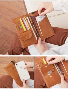 Brown faux leather passport wallet featuring multiple card slots and functional compartments