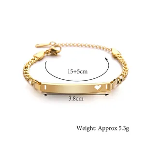 Detail of gold geometric bar bracelet with hollow heart cut and size dimensions