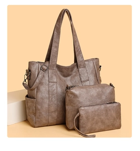 Three-piece retro tote bag set in grey-brown textured PU leather with bronze hardware