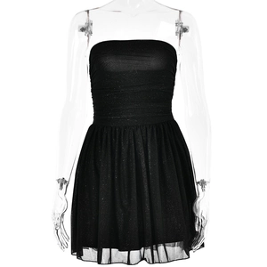 Sexy black strapless mini dress with shimmering fabric and pleated mesh skirt details