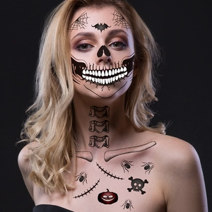 Tatouages temporaires Halloween squelette réalistes pour visage cou et torse motifs horreur