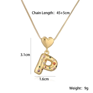 Detail shot of 18K gold plated heart and letter P pendant with multi-color stones