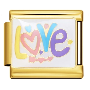 Italian charm link with gold frame and colorful LOVE design for DIY bracelets