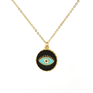 Gold stainless steel necklace featuring a turquoise evil eye pendant on a white background