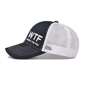 Detail of WTF Where's The Fish print on black and white mesh trucker baseball cap