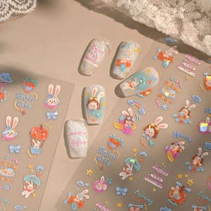 Autocollants à ongles lapin holographiques avec arc-en-ciel et étoiles cartoon