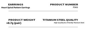 Detailed product specifications for heart spiral earrings made of premium titanium steel