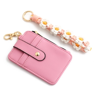 Pink lychee grain leather card holder set with handmade daisy woven lanyard and gold hardware