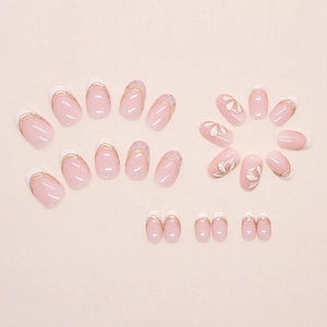 Detailed view of 24pcs press-on nails with white flowers and gold French tips