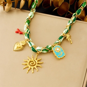 Stainless Steel Gold Plated Ribbon Woven Necklace Sun Heart Palm Tree Coral Charms Bohemian Summer Vacation Jewelry