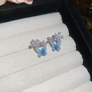 Vue macro de boucles d'oreilles fleurs en argent et papillons bleus sur velours