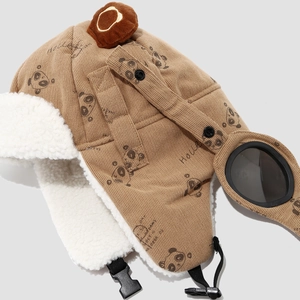 Winter-Fliegermütze für Kinder mit Bärenohren, warmem Fleece-Futter und Schutzbrille