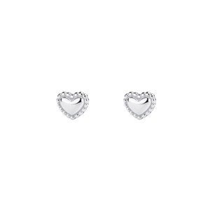 Minimalist S999 sterling silver heart stud earrings with vintage beaded edge finish