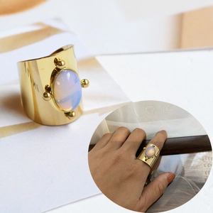18K gold plated wide band ring with an oval opal stone and small gold bead accents