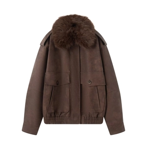 Fashionable retro dark brown PU jacket featuring a detachable faux fur collar and dual pockets