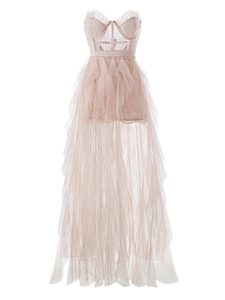 Detailed view of pink tube lace bodice with structured fishbone and layered tulle skirt