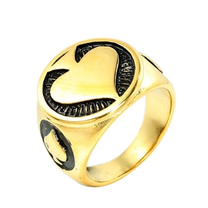 Vintage poker heart signet ring for men in gold finish with black enamel details