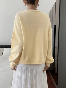 Women's minimalist yellow oversized knitted cardigan with loose puff sleeves back view