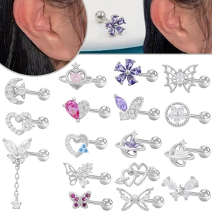 Butterfly Heart Moon Zircon Stud Earrings Stainless Steel Piercing Helix Tragus Cartilage Jewelry Screw Back For Women