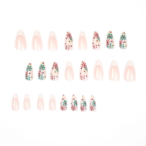 Faux ongles amande French avec motifs marguerites rouges et vertes lot de 24 pièces