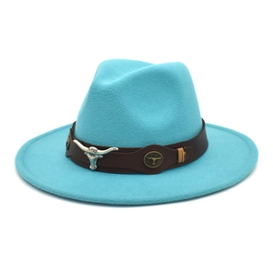 Detail of silver bull head ornament and brown leather band on teal wool fedora hat