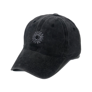 Vintage washed charcoal cotton baseball cap featuring sun and moon embroidery