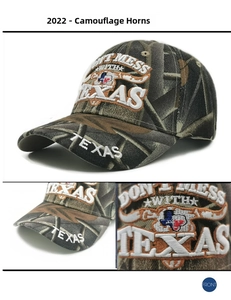 Detail of Texas 3D embroidery on camouflage baseball cap with forest pattern