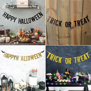 Halloween Banner Glitter Paper Trick Or Treat Happy Halloween Bunting Garland For Party Decoration Home Wall Hanging