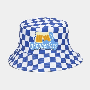 Blue and white checkered Oktoberfest bucket hat with beer mugs print and sun protection