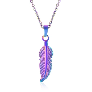 Detailed view of rainbow-colored stainless steel feather pendant on a fine link chain