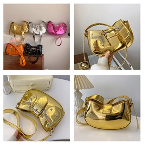 Detailed views of metallic hobo bags with rivet accents in gold, silver, pink, and black