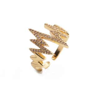 Zircon heartbeat wave open ring in gold plated copper finish for adjustable size