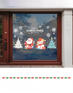 Vue détaillée des autocollants statiques Père Noël et bonhomme de neige sur vitrine