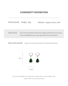 Detailed product specifications for teardrop green zircon earrings with sizing information