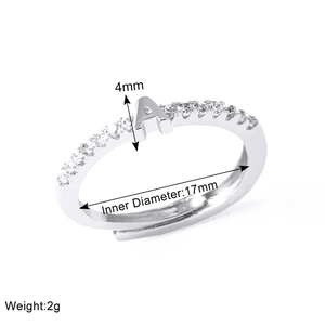 Detailed view of silver letter A ring with small gemstones and size measurements