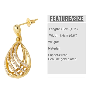 Detailed dimension guide for gold-plated teardrop earrings with zircon accents