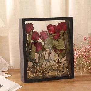 Double-sided transparent hollow shadow box with dried roses for DIY floral display