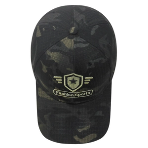 Tactical black camouflage baseball cap with embroidered shield logo on ripstop fabric