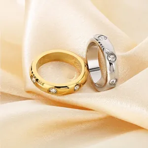 Stainless Steel Band Ring Rhinestone Inlaid Polished Minimalist Elegant Luxury Jewelry Accessory For Women