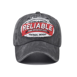 Vintage charcoal grey baseball cap with Reliable embroidery patch in a classic retro style