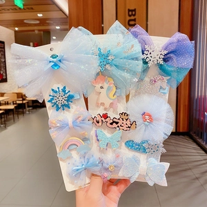 Frozen-themed blue bow hair clip set with glitter snowflakes and mermaid for girls